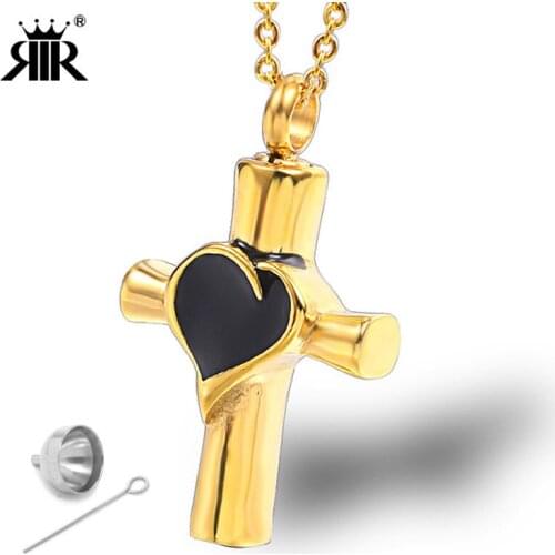 RIR Stainless Steel Heart Shape with Cross Cremation Jewelry Urn Necklace Pet Memorial Pendant Keepsake with Chain