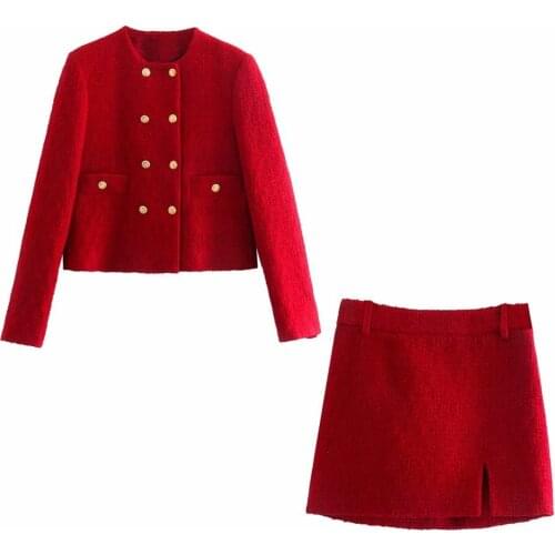 Pinkou Women Chic Red Tweed Blazer Set Long Sleeve Double Breasted Jacket Mini Skirts Female Streetwear Suits TZ75
