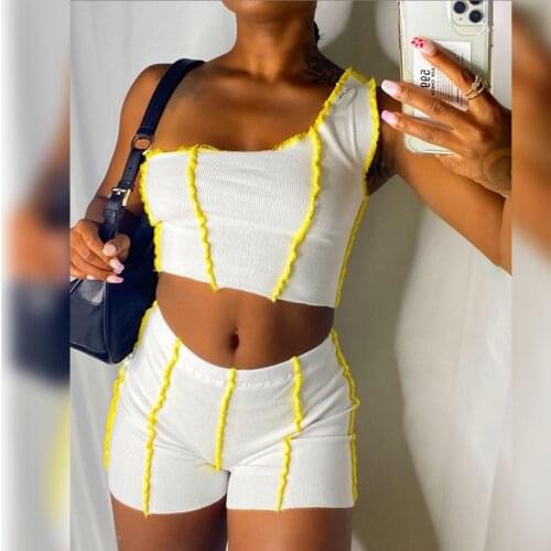 Casual 2021 Knitted Rib Striped Short Tracksuit Women Outfits Sexy One Shoulder Crop Top + Biker Shorts Two Piece Set Workout