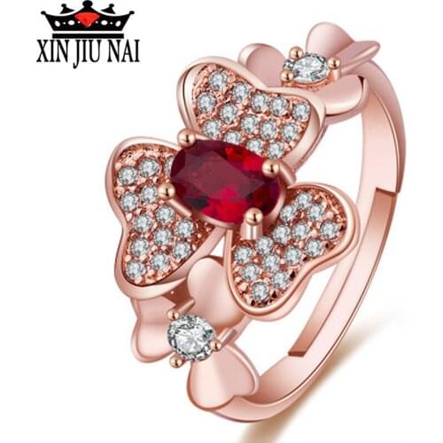 Simple red cubic zirconia fan fashion beautiful rose gold ring clover lady rose gold engagement wedding ring women jewelry