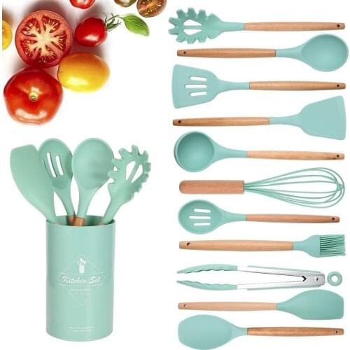 Silicone Kitchen Utensils Set Non-Stick Cookware Spatula Shovel Wooden Handle Kitchenware Cooking Tools Kitchen Accessories