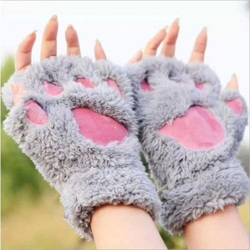 Cute Cat Claw Plush Gloves Winter Warm Half Finger Gloves For Girls Christmas Halloween Party Mittens