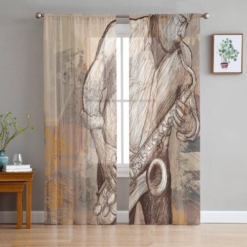 Tulle Curtains for Living Room Saxophone Jazz Street Bedroom Study Window Sheer Curtains Kitchen Balcony Interior Voile Curtains