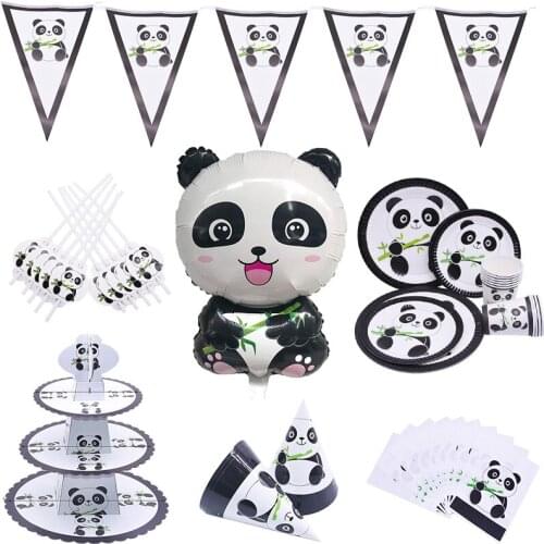 Panda Theme Party Paper Tableware Set Cute Panda Foil Latex Balloon Cake Standholder Hat Gift Bag Kids Favor Birthday Decoration