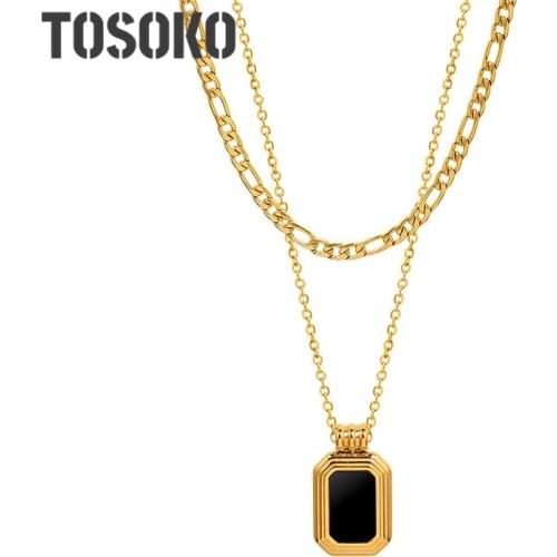 TOSOKO Stainless Steel Jewelry Black Shell Acrylic Double Layered Necklace Womens Fashion Clavicle Chain BSP1015