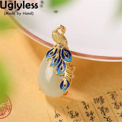 Uglyless Southeast Asian style 925 Silver Peacock Phoenix Pendants for Women Natural Jade Water Drop Necklaces Animals NO Chain