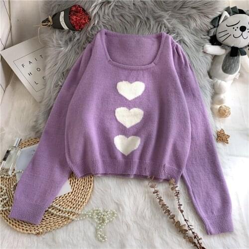 Heart Sweater Women Solid Pullovers Square Collar Knitted Winter Clothes Women Harajuku Shirt Oversized Sweater Korean Top