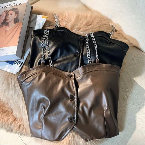 Ladies Vest Summer Camisole Faux Leather Vest Women Sleeveless Chain Spaghetti Strap Tank Top Clothing