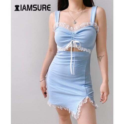 IAMSURE 2020 Summer Streetwear Lace Patchwork Mini Dresses For Women Sexy Hollow Out Ruched V-Neck Split Female Bodycon Dress