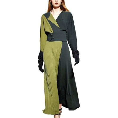 New Spring 2020 Temperament Pleated Dress Fashion Patchwork Knee Length Dress Woman Party Night Elegant Dress Long Sleeve Dress