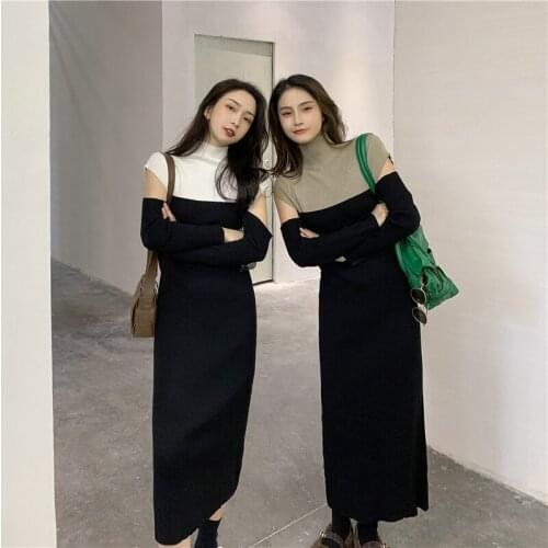 Autumn Elegant Stitching Color Strapless Knit Dress Women Long Sleeve Midi Dress Winter Female Outfit Fashion Korean Clothing