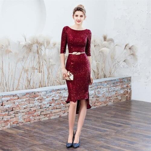 Women Half Sleeve Sequins Evening Dress Elegant Party Dress With Belt Tea-length Asymmetrical Robe De Soriee
