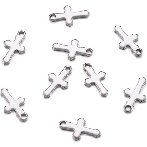 100pcs Mini Cross Shape 304 Stainless Steel Charm Pendant for Jewelry Making DIY Bracelet Necklace KeyChain 12x7x1mm Hole: 1.2mm