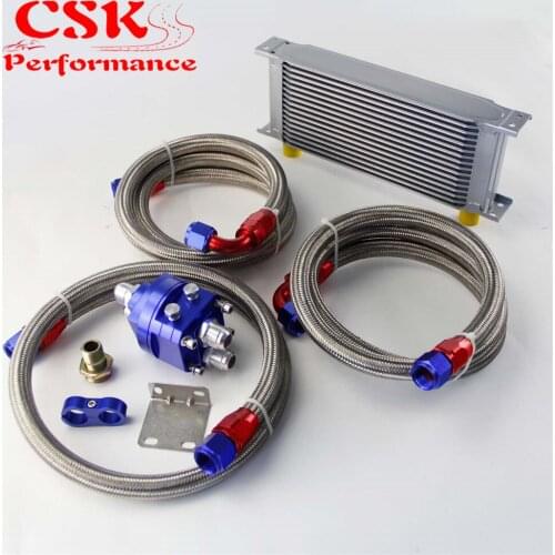 16 Row AN10 Universal Engine Transmission Oil Cooler British Type + Filter Adapter Kit Blue