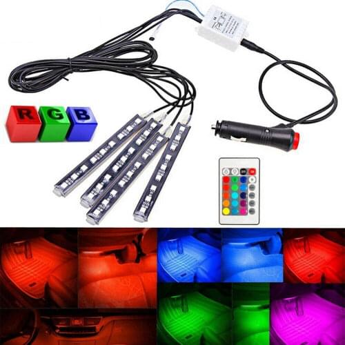 4Pcs 9LED Remote Control Colorful RGB Car Interior Floor Decor 12V Lights Flexible Strip Atmosphere Lamp Neon Light
