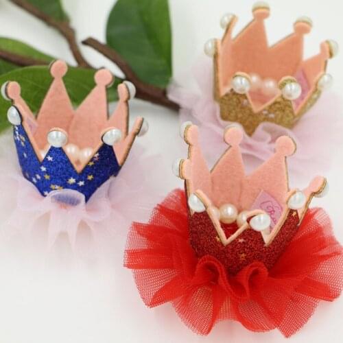 Free Shipping 20PCS Cute Glitter Princess Pearl Crown with Floral Lace Decorated DIY Girls Hair Jewelry Button Patch Materials