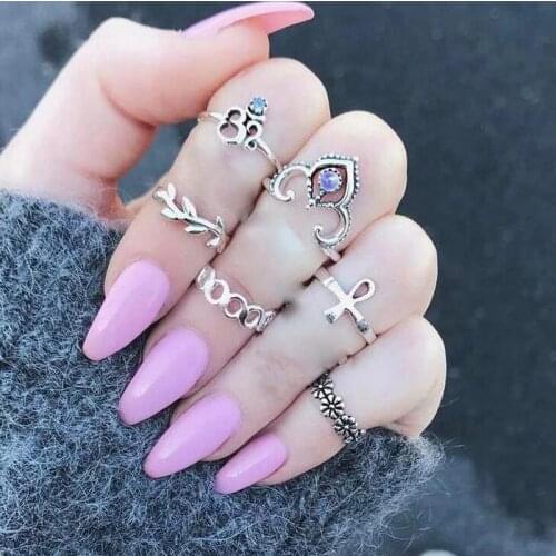 Docona 10pc/set Vintage Silver Color Hollow Flower Geometric Knuckle Midi Ring Set Fashion Crystal Finger Jewelry for Women 4227