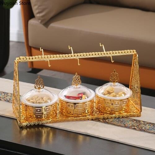 European-style Household Fruit Tray with Lid Divided Grid Snack Tray Metal Iron Storage Rack Living Room Coffee Table Decoration