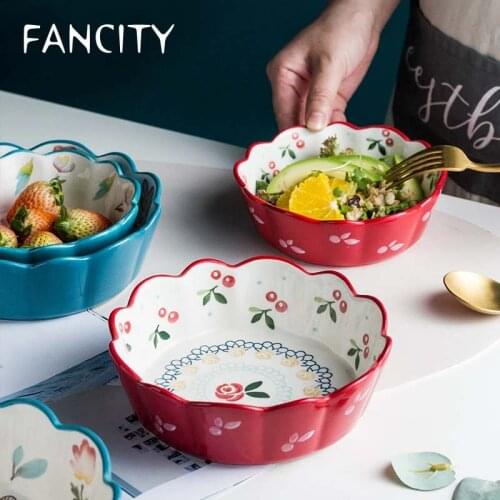 FANCITY Ceramic Red Cherry Bowl Salad Bowl Rice Pasta Backing Ramekin Bowl Blue Flower Design Dinnerware Dishwasher Safe