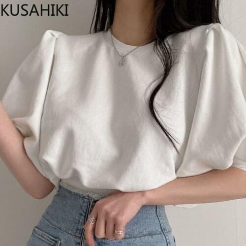 KUSAHIKI Solid Causal Lantern Short Sleeve Graphic Tees Women Korean O-neck Elegant Tshirt 2021 Spring Summer New T Shirts 6G481