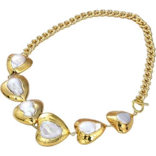 GG Jewelry 22" Natural Pearl Cultured White Heart-Shaped Pearl gold color Chain choker Necklace Lady Women Jewelry