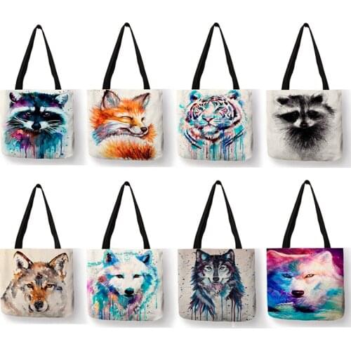 Cool Wild Animal Wolf Tiger Bear Print Shopping Bags For Groceries Large Capcity Women Handbag Shoulder Bag Color Drawing Paint