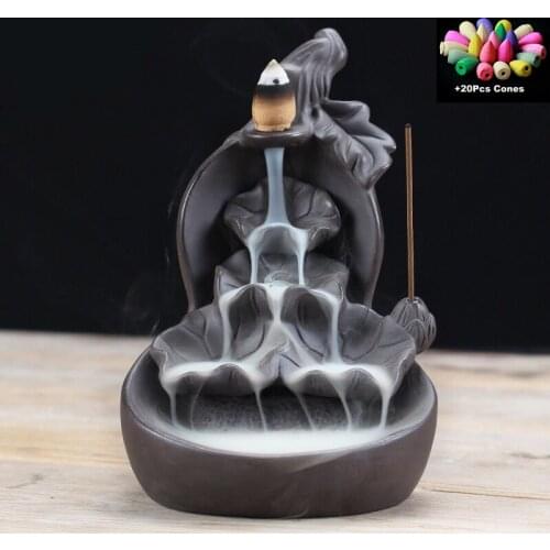 20Pcs Cones Free Gourd and Lotu Waterfall Incense Burner Incense Stick Holder Censer Purple Clay Aroma Smoke Backflow Home Decor
