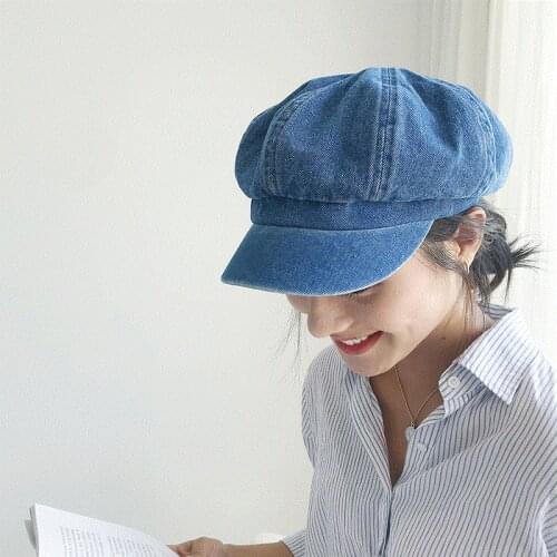 New Women Leisure Octagonal Hat Ladies Denim Beret Hat Cowboy Cap Newsboy Gatsby Cap Octagonal Baker Peaked Beret Driving Hat