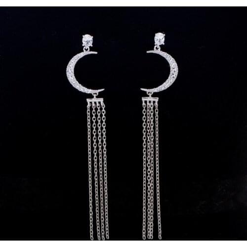 Sterling 925 Silver Earrings for Women Korean Long Tassel Stud Earrings Delicate Crescent Moon Pendant Earrings for Girl Gifts