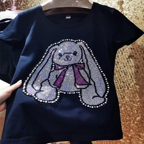 Plus size 9XL!Heavy industry summer beaded short sleeve t-shirt women hot drilling rabbit bow cotton top tees