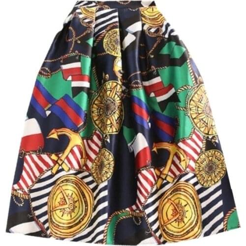 BunniesFairy 2021 New Hepburn 50s Vintage Inspired Retro Nautical Anchor Print Women High Waist Long Skirt Novelty Casual Falda