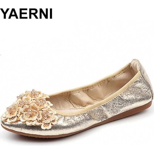 YAERNI 2018 New Spring Women Shoes Big Size Female Loafers Foldable Ballet Flats Shoes Woman Flowers zapatos mujer E719