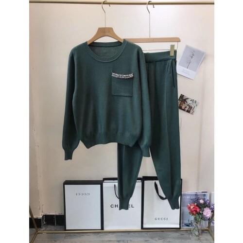 Amolapha Women Pockets Knitted Pullovers Sweaters+ Pants Suits Casual Knitting Trousers Tracksuits Outfit
