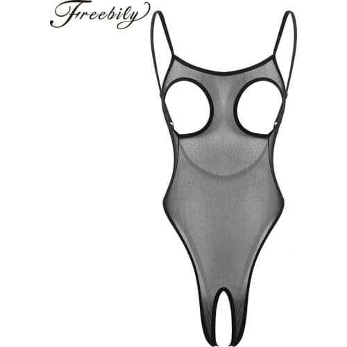Womens See Through Nipples Hole Sissy Catsuit Mesh Lingerie Breast Hollow Out Open Butt Crotchless Sissy Fetish Thong Bodysuit
