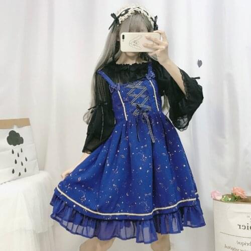 Sweet Cute Kawaii Girl Lolita Sling Dress Women Summer 2021 New Ruffle Lace UP Student Bronzing Chiffon JSK Daily Dresses Lolita