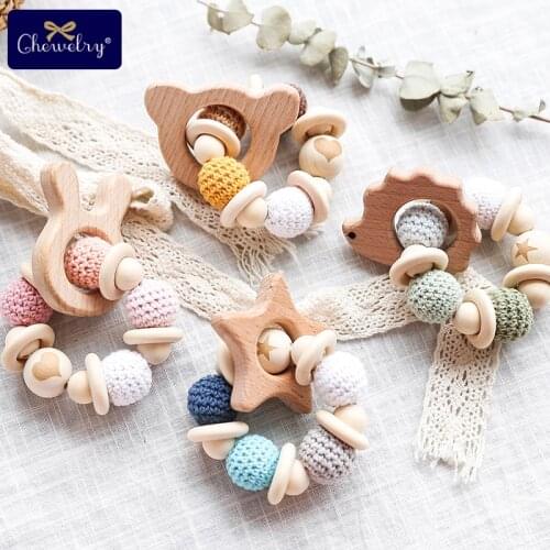 1Pc Baby Wooden Rattle Teether Crochet Bead Wood Beech Star Crafts Ring Baby Nursing Bracelet Rattle Stroller Infant Natural Toy