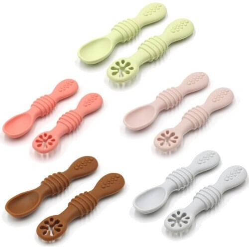 B2EB 2 Pcs Newborn Toddler Tableware Learning Feeding Scoop Training Utensils Baby Silicone Spoons