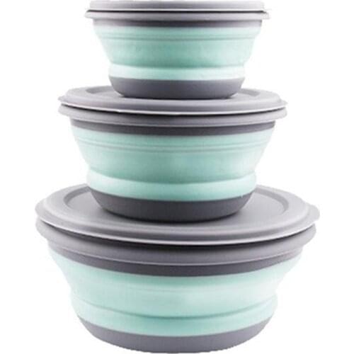 3Pcs/Set Bowl Sets Silicone Folding Lunch Box Folding Bowl Portable Silicone Folding Bowl Foldable Salad Bowl with Lid Blue