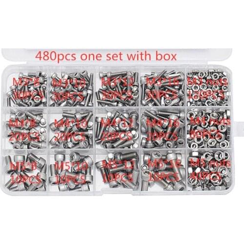 480Pcs/set M3 M4 M5 DIN912 304 Stainless Steel Hexagon Socket Head Cap Screws Hex Socket Bicycle Bolts Kit
