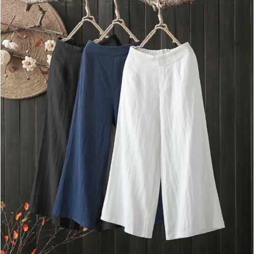 Cotton linen pants womens plus size solid color harem pants elastic waist loose casual womens linen trousers