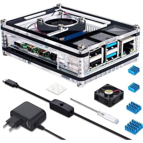 AU42 -Case For Raspberry Pi 4/4B With Fan Cooling, 4 X Aluminium Heatsink, 5V 3A USB-C Power Supply With On/Off Switch EU Plug