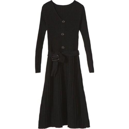 PERHAPS U Beige Blue Black V Neck Lo G Sleeve Fit And Flare Elegant Solid Dress Knee Length Knitted Sash Button Autumn D0421