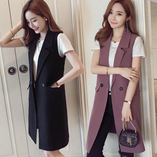 Elegant Office Lady Pocket Women Coat Female Sleeveless Vests Outwear Casual Waistcoat Ladies Solid Slim-Fit Long Jacket H513