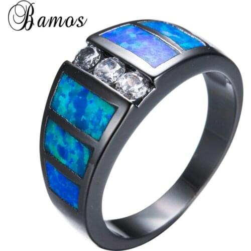 Bamos Geometric Style Blue Fire Opal Ring Black Gold Filled Wedding Party Engagement Rings For Women Men Birthday Gift RB1135