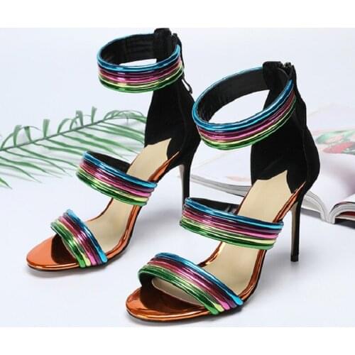 Summer pointed open toe color straps fashion sexy stiletto sandals banquet dress all-match large size custom womens shoes