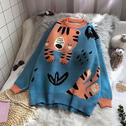 Korobov 2021 New Cute Autumn Sweaters Korean O Neck Long Sleeve Oversize Sueter Mujer Japanese Kawaii Cartoon Knitted Sweater