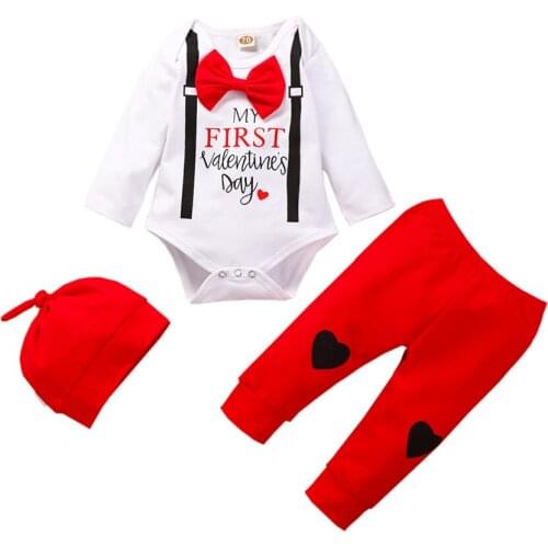 Newborn baby clothes My First Valentine baby outfits Infant Baby Boys Valentines Day Heart Print Romper+Pant+hat 3Pcs baby set