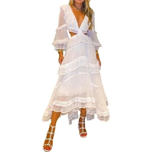 Women Long-sleeved Dress with Lace Decoration, Sexy V-neck Hollow Decoration Spring Clothing,S-XL