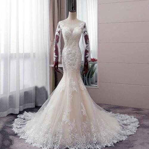 Trouwjurk Long Sleeve Mermaid Wedding Dresses Luxury Vestido de Noiva Sereia Pearls Tulle Open Back Robe de Mariage