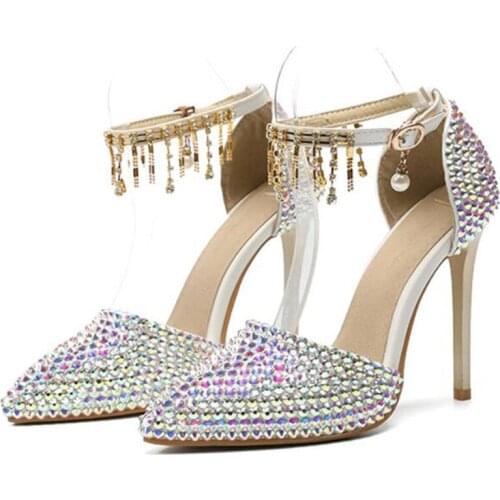 Women Pumps Heeled Shoes Women Sequined Cloth Buckle Strap 11CM Thin High Heels Pointed Toe Office & Career Wedding String Bead